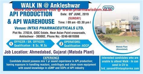 Intas Pharmaceuticals Ltd Walk In Interviews For Production