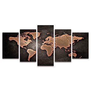 Kit Quadros Mosaico Mapa Mundi Vermelho Coordenadas Cinza Deliquadros