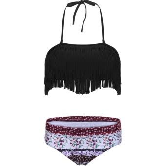 Women Sexy Beach Wear Halter Fringe Print Bikini Set Black Intl