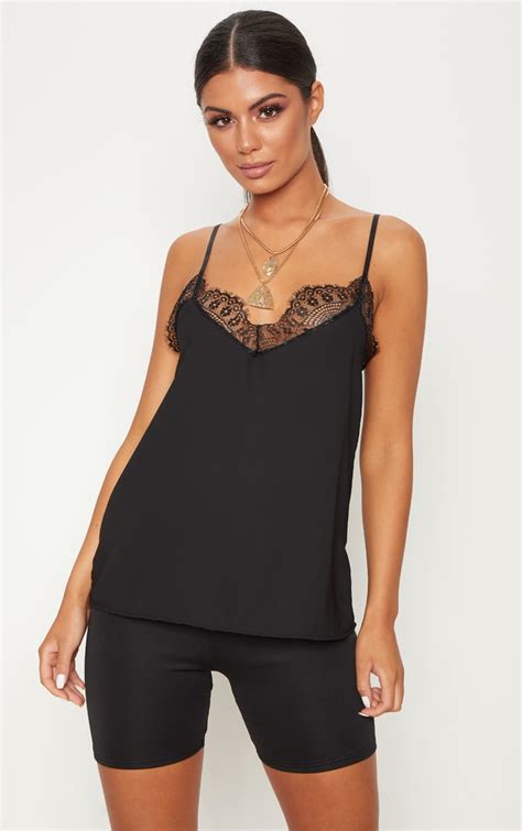 Black Lace Trim Cami Top Prettylittlething Qa