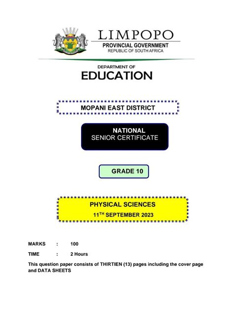 Limpopo Physical Science Paper 1 September 2023 Studocu