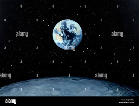 Artwork Painting Earth Rising Above Moons Horizon Stock Photo Alamy