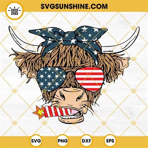 Highland Cow 4th Of July Svg Patriotic Cow Svg 4th Of July Cow Svg Usa Flag Bandana