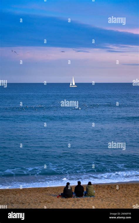 Sunset at Barceloneta Beach, Barcelona, Catalonia, Spain. The sunset on ...