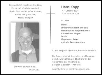 Traueranzeigen Von Hans Kopp Wirtrauern