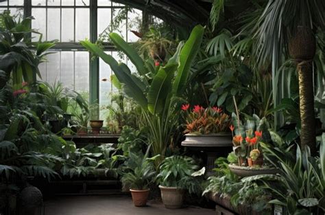 Premium AI Image | Closeup of tropical plants in a victorian greenhouse