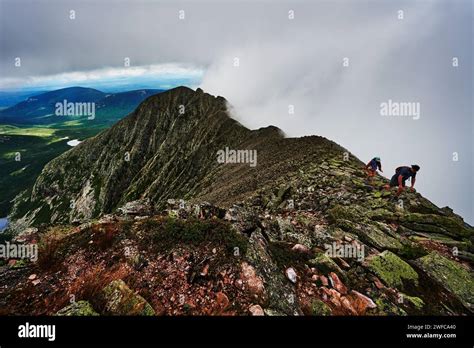 Two Hikers Hiking Knives Edge Trail Mount Katahdin Appalachian Trail Baxter State Park Maine