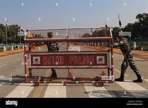 Indian Paramilitary Forces Stand Gaurd Near Rajpath In New Delhi India