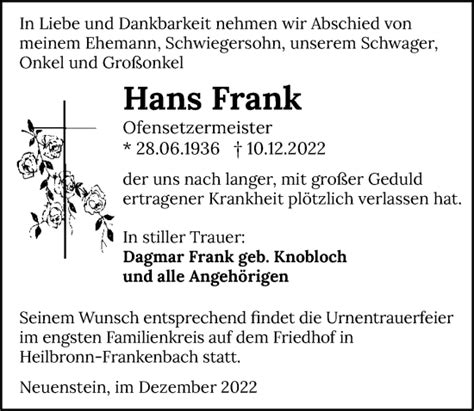 Traueranzeigen Von Hans Frank Trauerundgedenken De