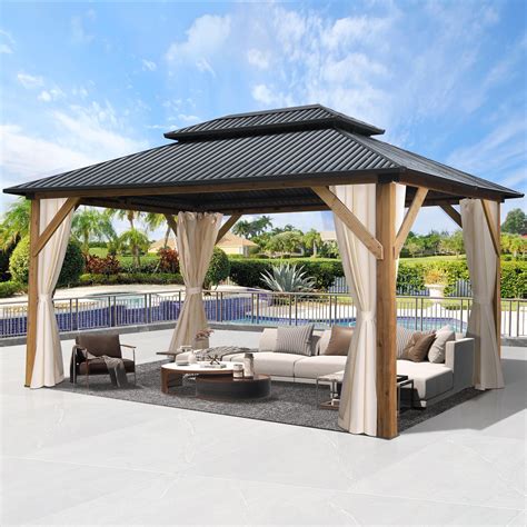 COVERONICS 13' x 15' Wood Gazebo, Hardtop Gazebo with Double Roof ...