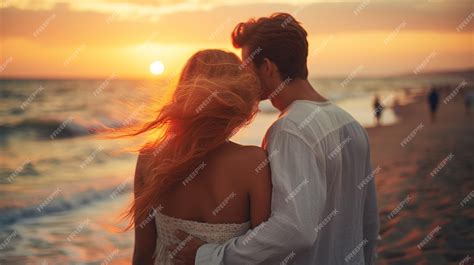 Premium Ai Image Young Couple In Love Kissing On The Beach At Sunset