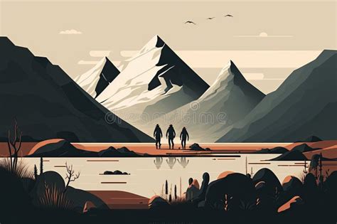 Minimalist Illustration Of People Exploring A Natural Landscape With