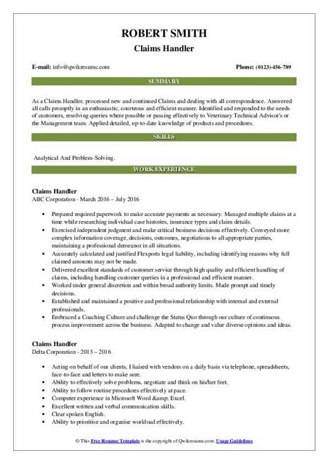 Claims Handler Resume Samples QwikResume