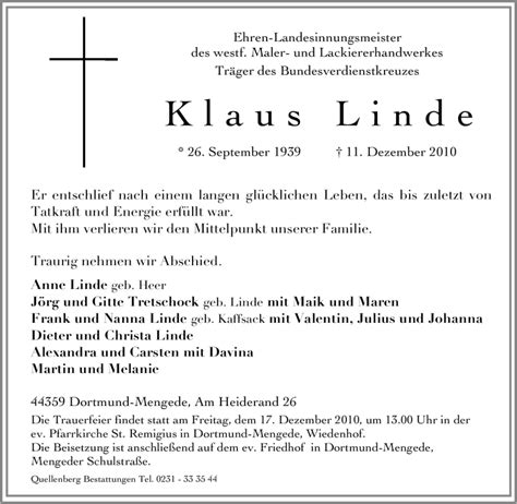 Traueranzeigen Von Klaus Linde Trauer In NRW De