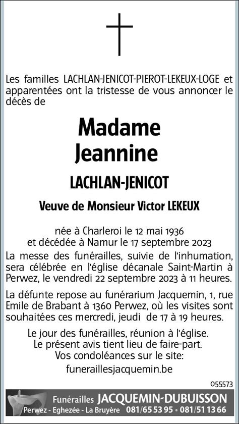 Madame Jeannine LACHLAN JENICOT Funérailles Jacquemin