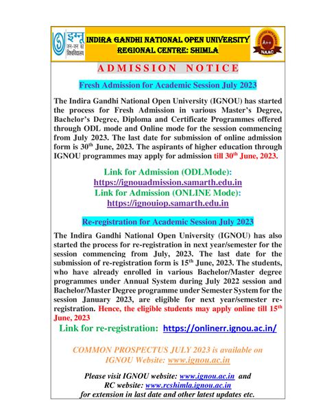 Ignou Rc Shimla Announcements Latest Admission Notification July