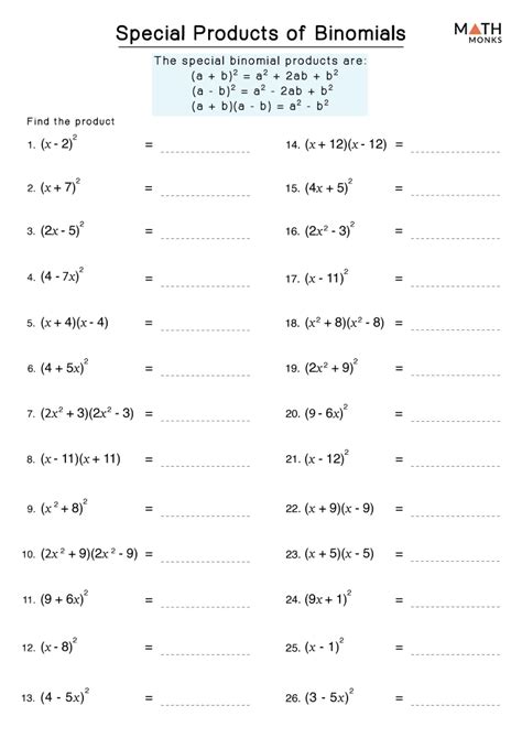 Multiplying Binomials Worksheets Math Monks