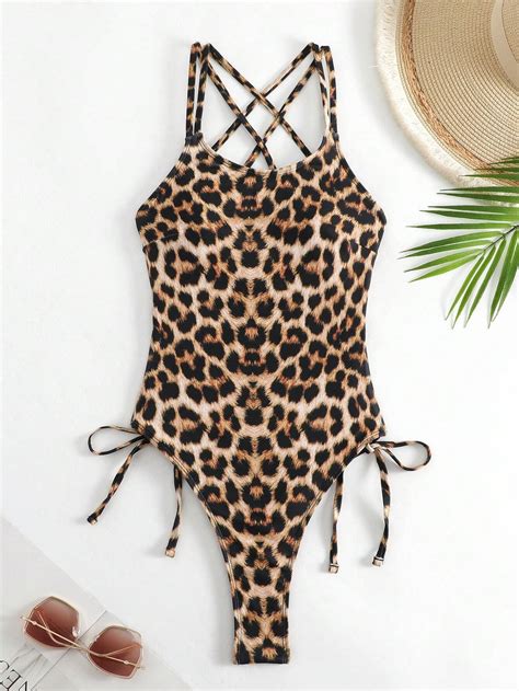 SHEIN Swim SXY Summer Beach Leopard Print Criss Cross Backless One