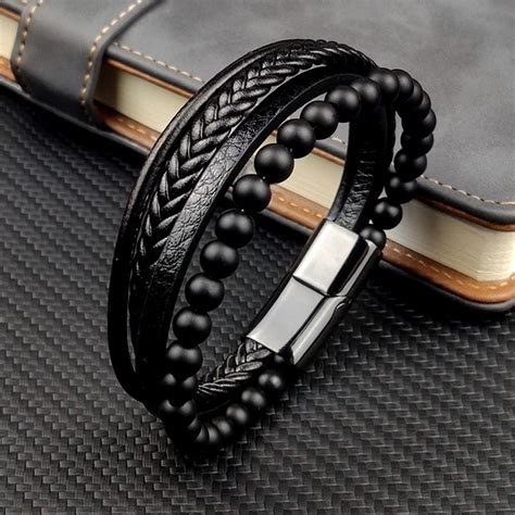 Leather Bracelet Braided Beaded Bracelet Metal Clasp Mens Bracelet