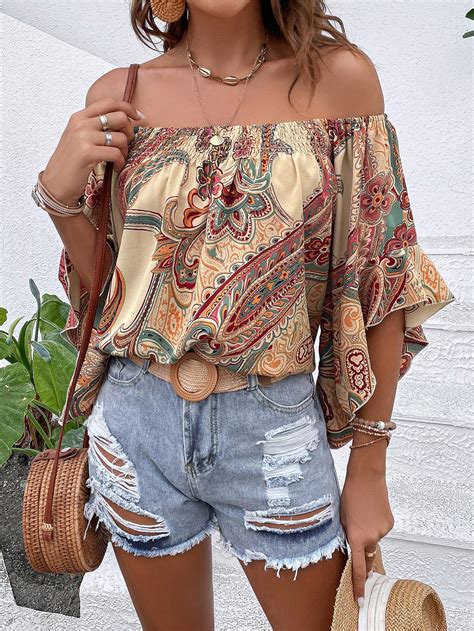 SHEIN VCAY Paisley Print Off Shoulder Flounce Sleeve Blouse SHEIN