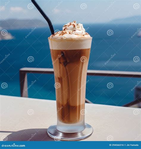 Iced Coffee With Whipped Cream On The Terrace In Santorini Greece