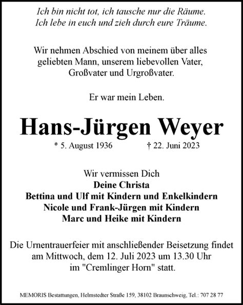 Traueranzeigen Von Hans J Rgen Weyer Trauer De