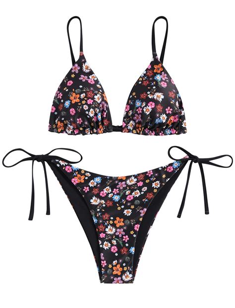 ZAFUL Women S Triangle Bikini Floral String Bikini Set Two Piece Swimsuit Bathing Suits Black