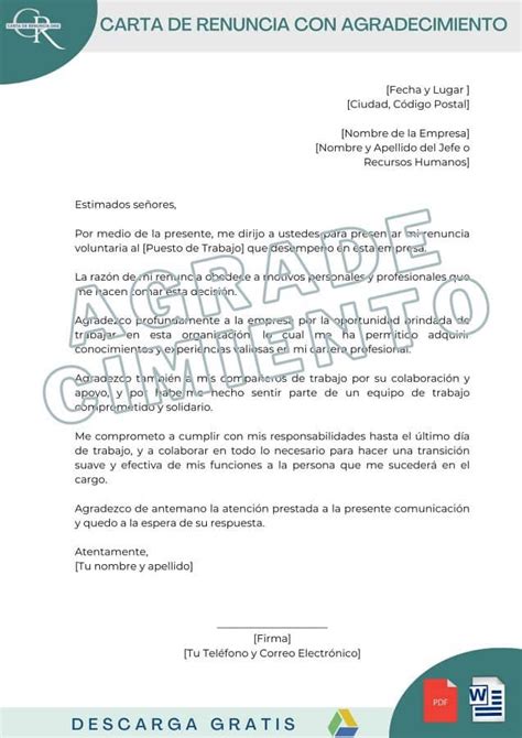 Carta De Renuncia Con Agradecimiento Plantillas W PDF