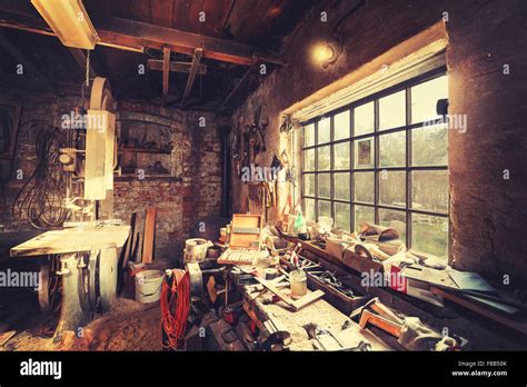 Vintage Stylized Old Carpenter Workshop Interior Stock Photo Alamy