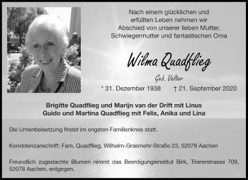 Traueranzeigen Von Wilma Quadflieg Aachen Gedenkt