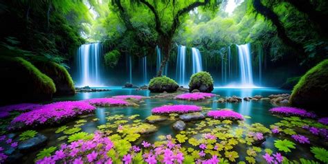 Premium AI Image Flowering Tropical Forest With Waterfalls