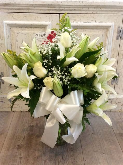 White Lilies And Roses Sympathy Arrangement In Vase By Petals Warwick