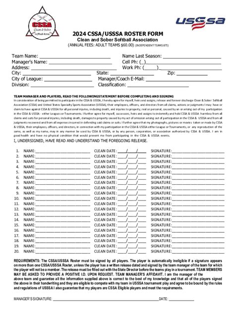 Fillable Online Cssa Usssa Roster Form Fax Email Print Pdffiller