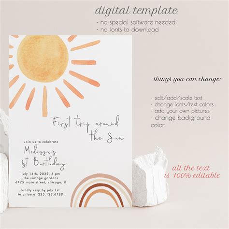 First Trip Around The Sun Birthday Invitation Editable Sunshine 1st