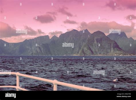 View of the Lofoten Islands from the ferry going from Moskenes to Bodo ...