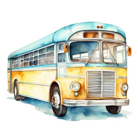 Premium Ai Image Vintage Blue Bus Watercolor Cartoon Clipart