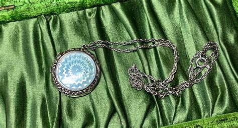 Antique Locket Necklace Guilloche Enamel Silver Powde Gem