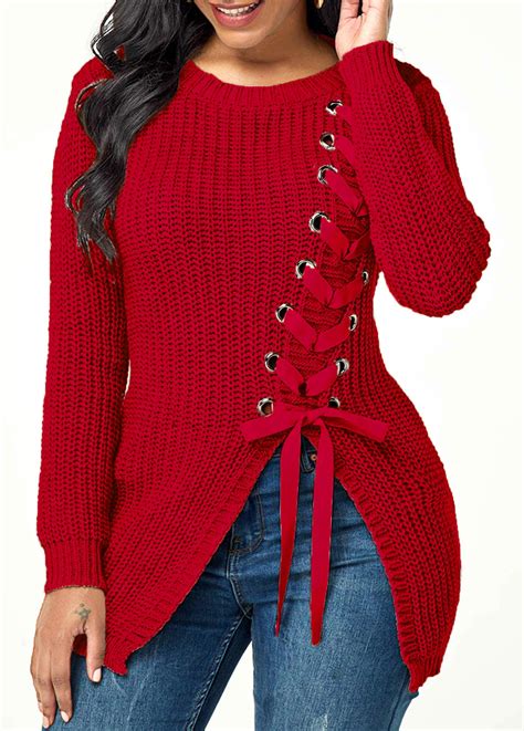 Lace Up Long Sleeve Split Front Sweater Usd 35 77