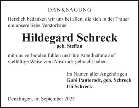 Traueranzeigen Von Hildegard Schreck Trauerportal Ihrer Tageszeitung