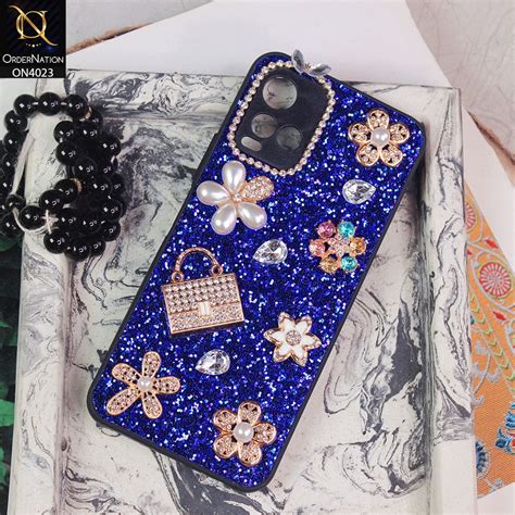 Vivo Y33s Cover - Blue - New Bling Bling Sparkle 3D Flowers Shiny Glit ...