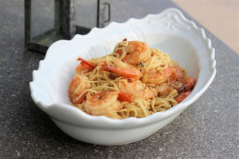 Simple Garlic Oil And Crushed Red Pepper Capellini With Grilled Shrimp