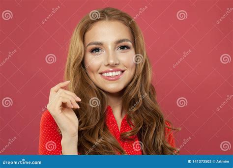 Pretty Young Beautiful Woman Laughing Cute Cheerful Girl With Red