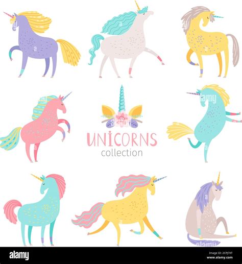 Fairytale Unicorn Set Rainbow Color Girlish Pony Unicorns Isolated On