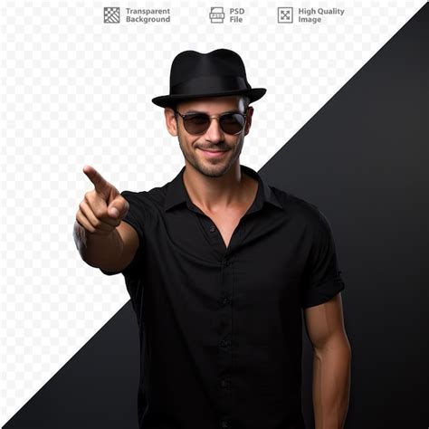 Premium Psd A Man Wearing Sunglasses And A Hat Pointing At A Sign