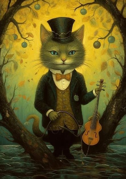 Premium AI Image | A painting of a cat with a suit and top hat and a ...