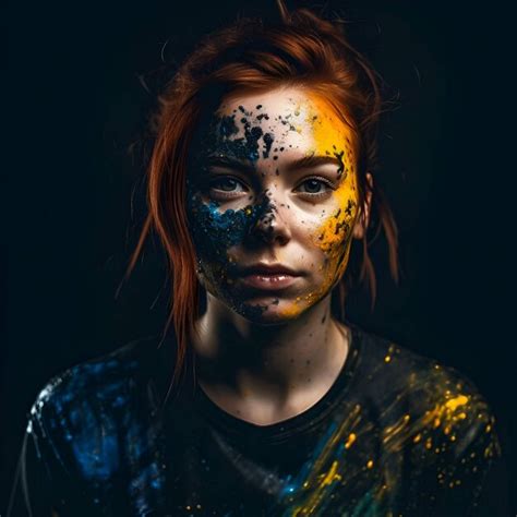 Retrato De Una Hermosa Chica Pelirroja Con Cara Pintada Y Arte Corporal