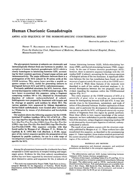 PDF Human Chorionic Gonadotropin Amino Acid Sequence Of The Hormone