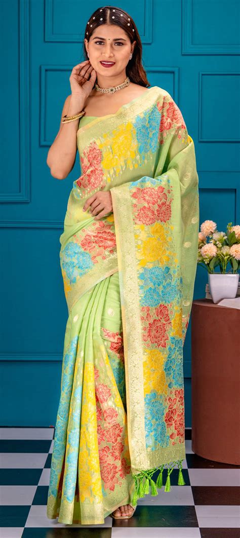 Bridal Traditional Wedding Green Color Banarasi Silk Fabric Saree