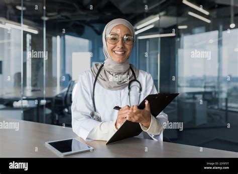 Portrait Of Successful Muslim Female Doctor In Hijab Arabic Woman