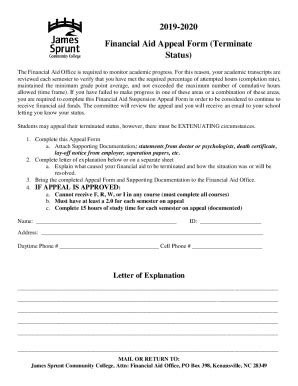 Fillable Online Financial Aid Appeal Form Terminate Status